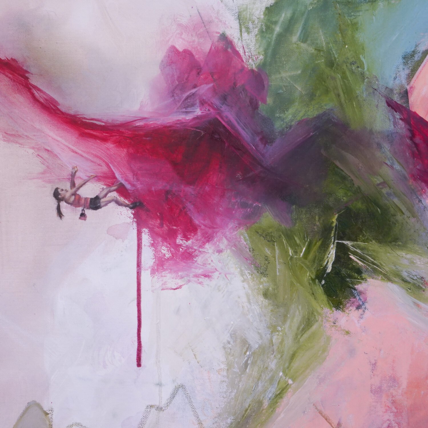 Abstraktes Ölgemälde von Alexandra Hörhager aus der Active Abstract Series: eine kletternde Frau bewegt sich über eine dynamische Farblandschaft aus Beere, Grün, Koralle und zartem Violett.