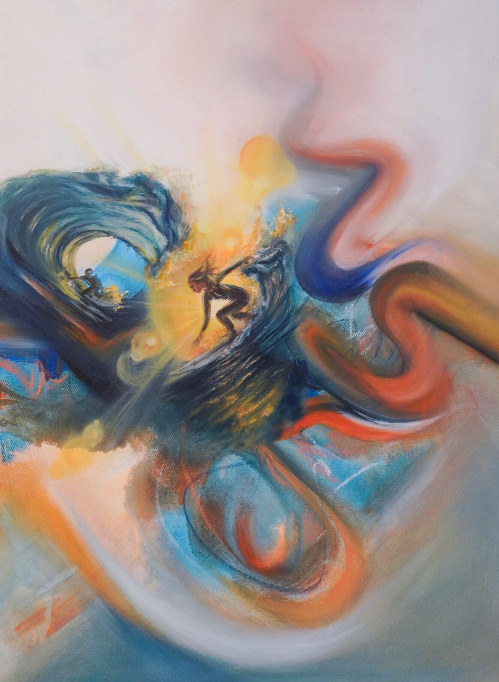 Abstraktes Ölgemälde von Alexandra Hörhager aus der Active Abstract Series: eine Surferin reitet im gleißenden Sonnenlicht eine Welle, während sich Wasser und Himmel in kräftigen Wirbeln aus Blau, Orange und Gelb um sie auflösen.
