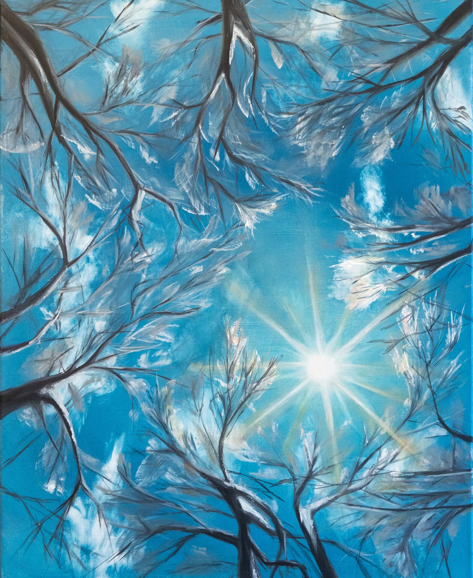 Ölgemälde von Alexandra Hörhager aus der Moments-Serie: der Blick senkrecht nach oben in kahle, raureifbedeckte Winteräste vor kräftig blauem Himmel, in der Bildmitte die Sonne als klarer Strahlenstern.